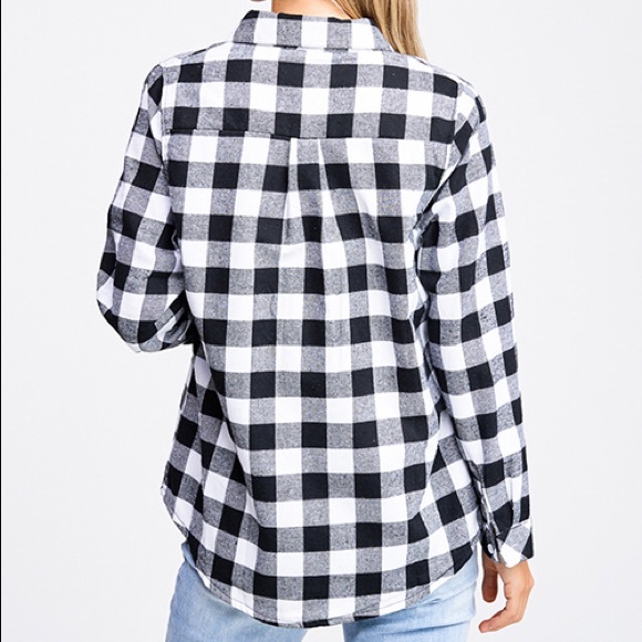 Black and White Button Down Plaid Fleece Flannel - Picture 2 of 4